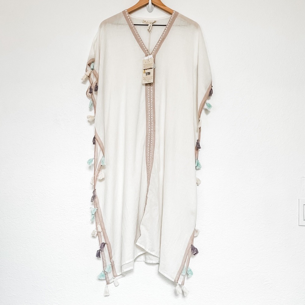 Boho Organic Cotton Kaftan Cover Up Coastal Resort Beach Vacation Tassel Kimono